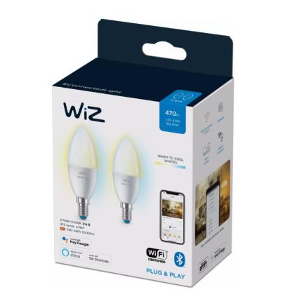 JUEGO 2x Bombilla LED regulable C37 E14/4,9W/230V 2700-6500K CRI 90 Wi-Fi - WiZ