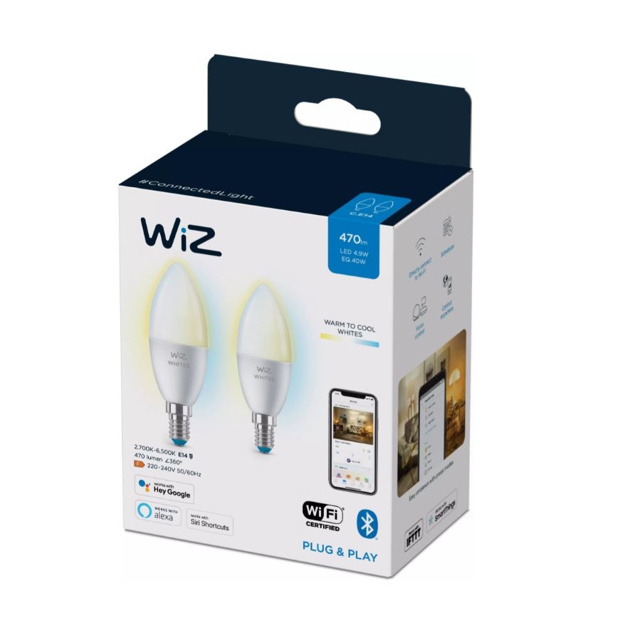JUEGO 2x Bombilla LED regulable C37 E14/4,9W/230V 2700-6500K CRI 90 Wi-Fi - WiZ