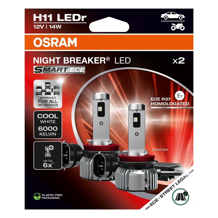 Juego de 2 bombillas LED para automóvil NIGHT BREAKER SMART H11 PGJ19-2/14W/12V 6000K - Osram