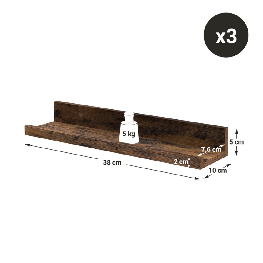 Juego de 3 estantes de pared SHELFY 38x5x10 cm marrón