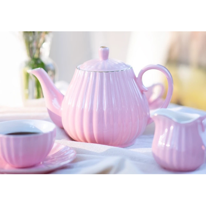 Juego de café de porcelana, 15 piezas, color rosa