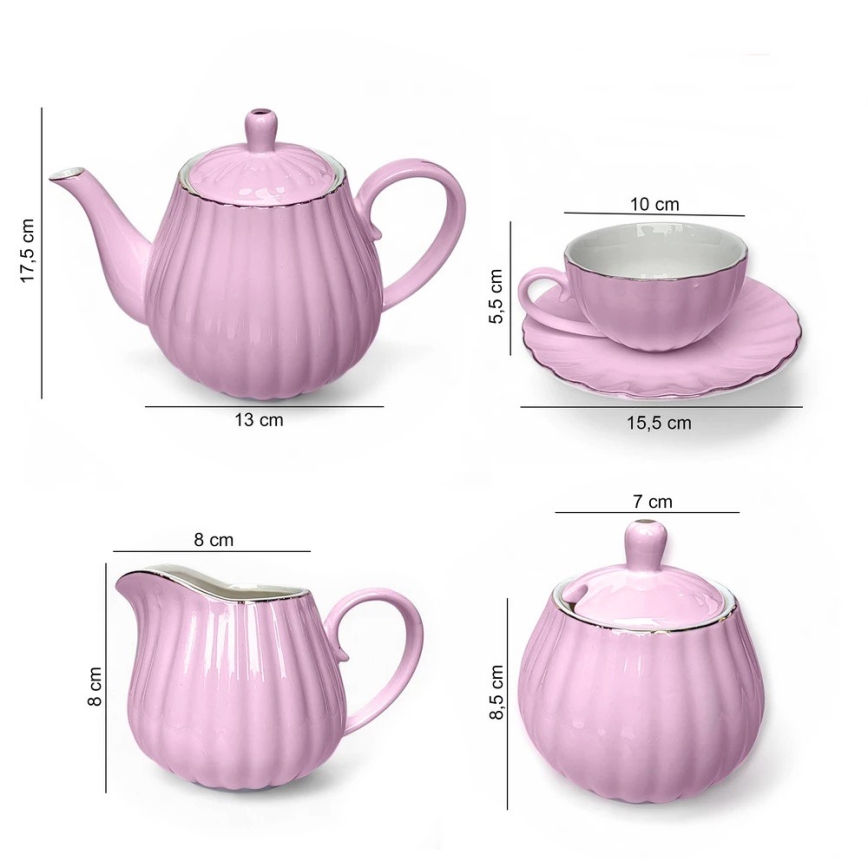 Juego de café de porcelana, 15 piezas, color rosa