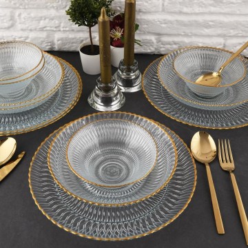 Juego de comedor 12 piezas transparente/dorado/vidrio