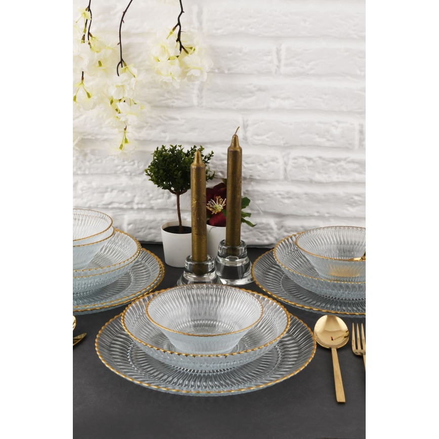 Juego de comedor 12 piezas transparente/dorado/vidrio