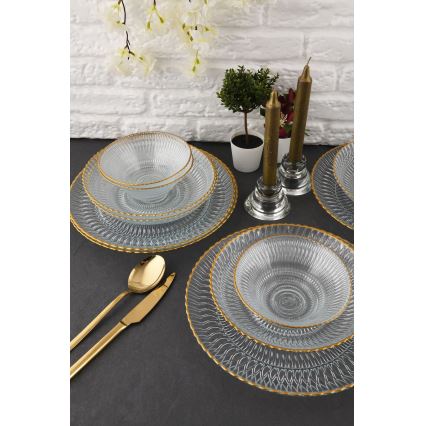 Juego de comedor 12 piezas transparente/dorado/vidrio