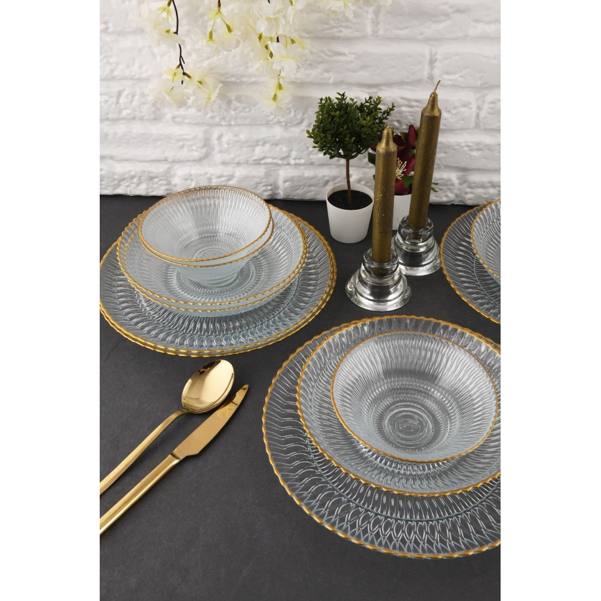 Juego de comedor 12 piezas transparente/dorado/vidrio