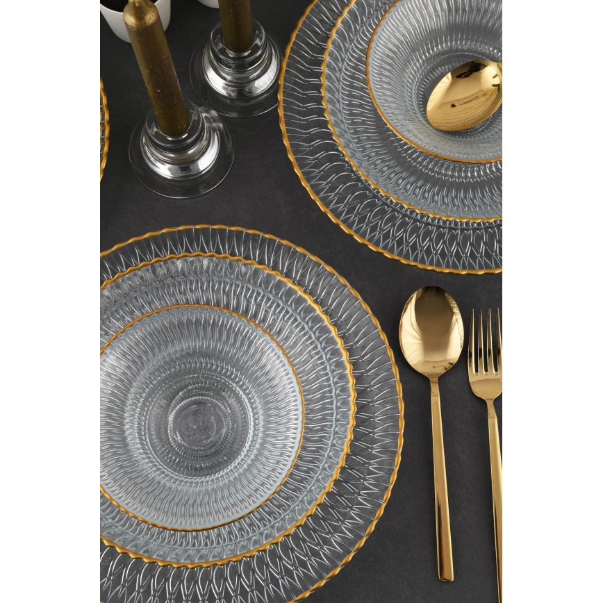 Juego de comedor 12 piezas transparente/dorado/vidrio