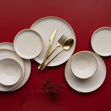 Juego de vajilla de 16 piezas en porcelana, beige con detalles dorados