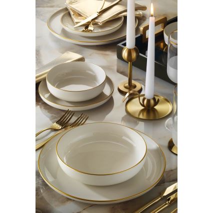 Juego de vajilla de 16 piezas, porcelana blanca con detalles dorados