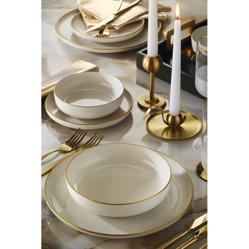 Juego de vajilla de 16 piezas, porcelana blanca con detalles dorados