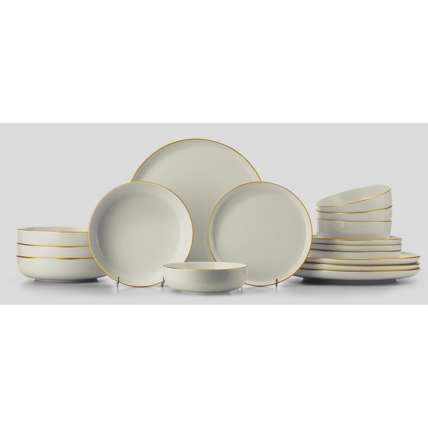 Juego de vajilla de 16 piezas, porcelana blanca con detalles dorados