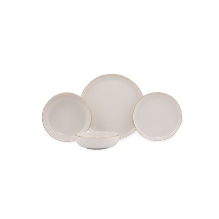 Juego de vajilla de 16 piezas, porcelana blanca con detalles dorados