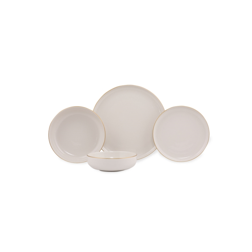 Juego de vajilla de 16 piezas, porcelana blanca con detalles dorados