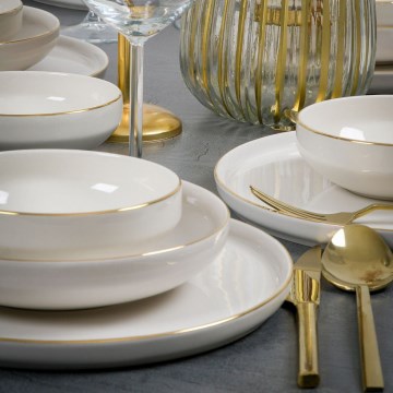 Juego de vajilla de 18 piezas de porcelana blanca con detalles dorados