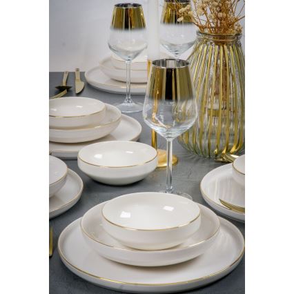Juego de vajilla de 18 piezas de porcelana blanca con detalles dorados