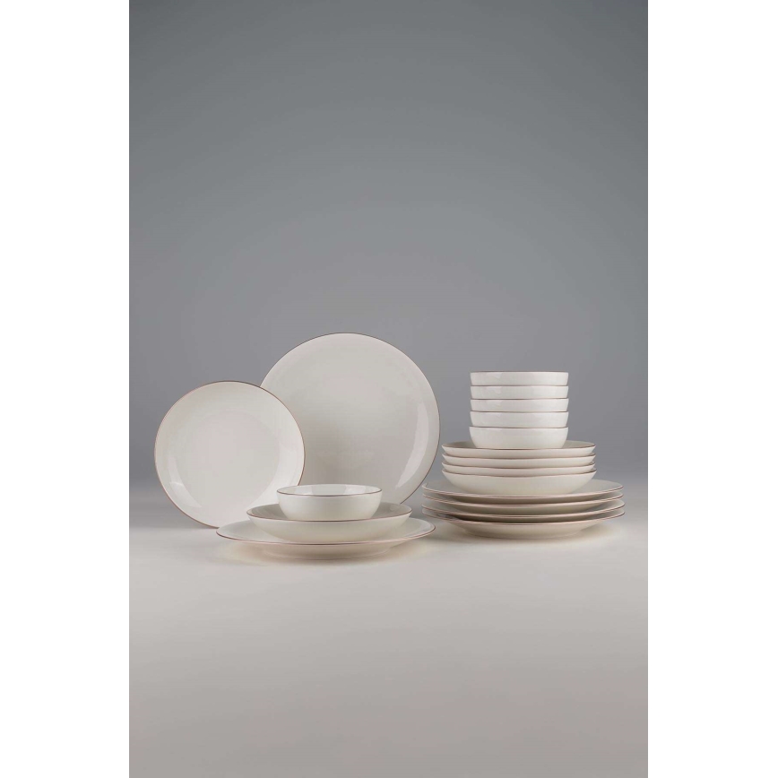 Juego de vajilla de 18 piezas en porcelana, blanco con detalles en cobre