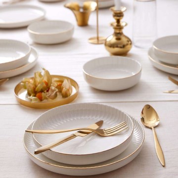 Juego de vajilla de 18 piezas, porcelana blanca con detalles dorados