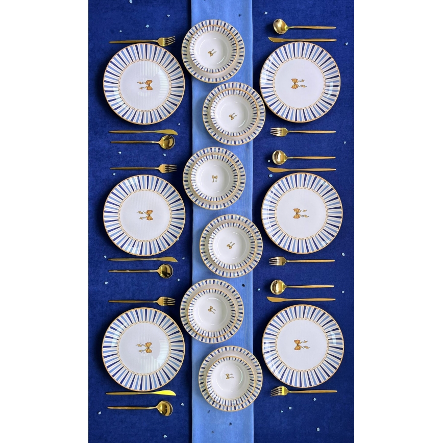 Juego de vajilla de 24 piezas, blanco/azul/dorado, cerámica