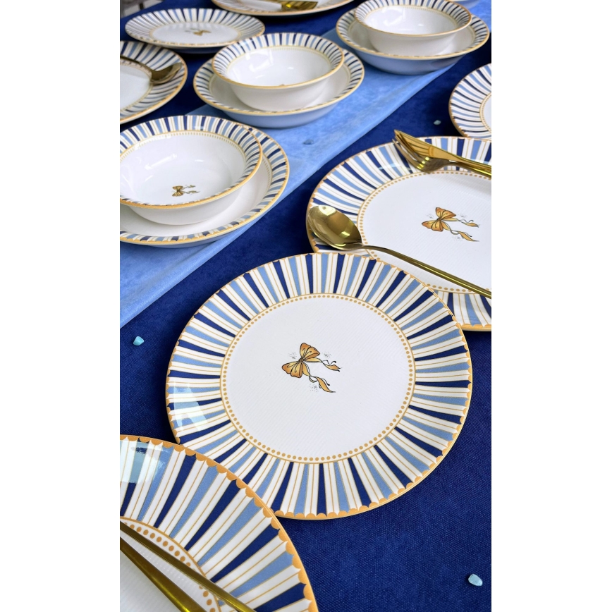 Juego de vajilla de 24 piezas, blanco/azul/dorado, cerámica