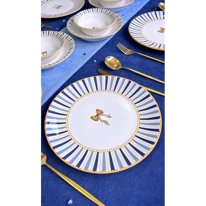 Juego de vajilla de 24 piezas, blanco/azul/dorado, cerámica