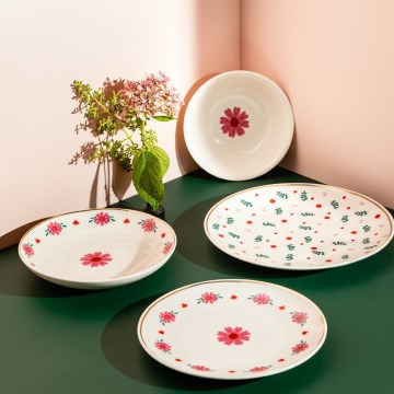 Juego de vajilla de 24 piezas blanco/rojo/verde, porcelana