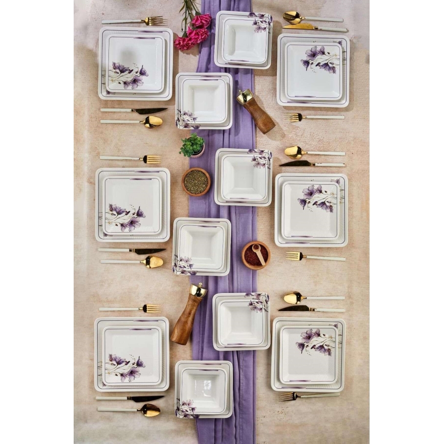 Juego de vajilla de 24 piezas, blanco/violeta, cerámica