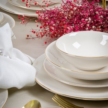 Juego de vajilla de 24 piezas de porcelana blanca con detalles dorados