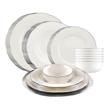 Juego de vajilla de 24 piezas de porcelana, blanco con detalles plateados