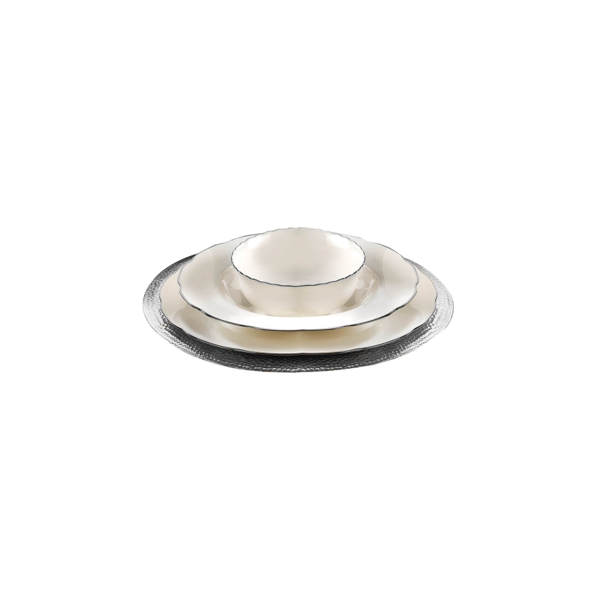 Juego de vajilla de 24 piezas de porcelana, blanco con detalles plateados