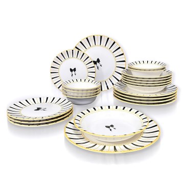 Juego de vajilla de 24 piezas en cerámica — blanco, negro y dorado