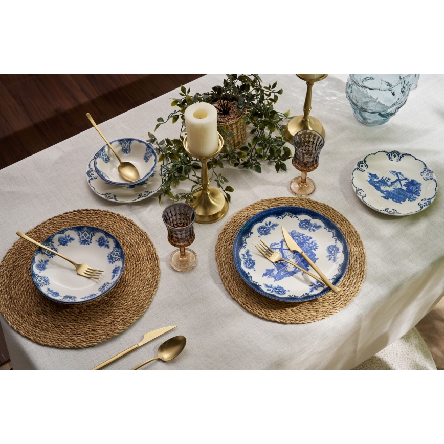 Juego de vajilla de 24 piezas en porcelana, azul y blanco