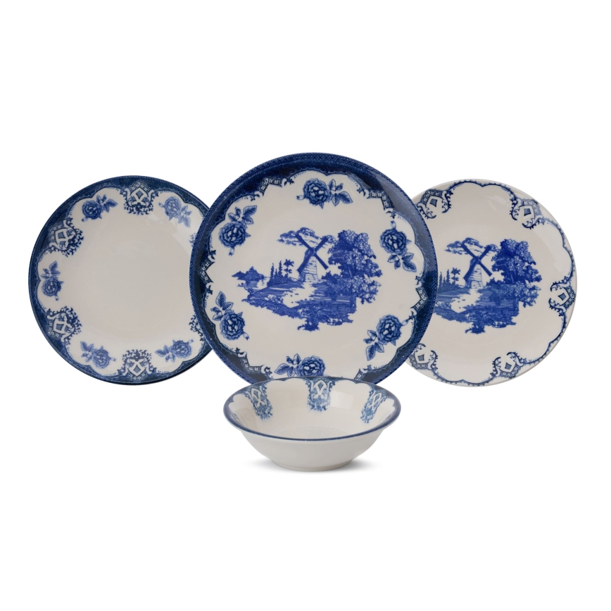 Juego de vajilla de 24 piezas en porcelana, azul y blanco