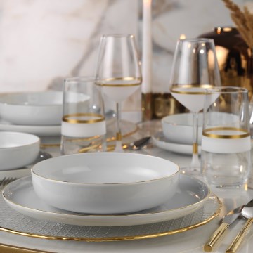 Juego de vajilla de 24 piezas en porcelana blanca con detalles dorados