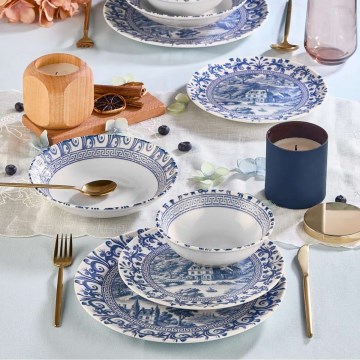 Juego de vajilla de 24 piezas en porcelana blanca y azul
