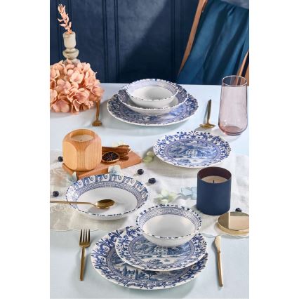 Juego de vajilla de 24 piezas en porcelana blanca y azul