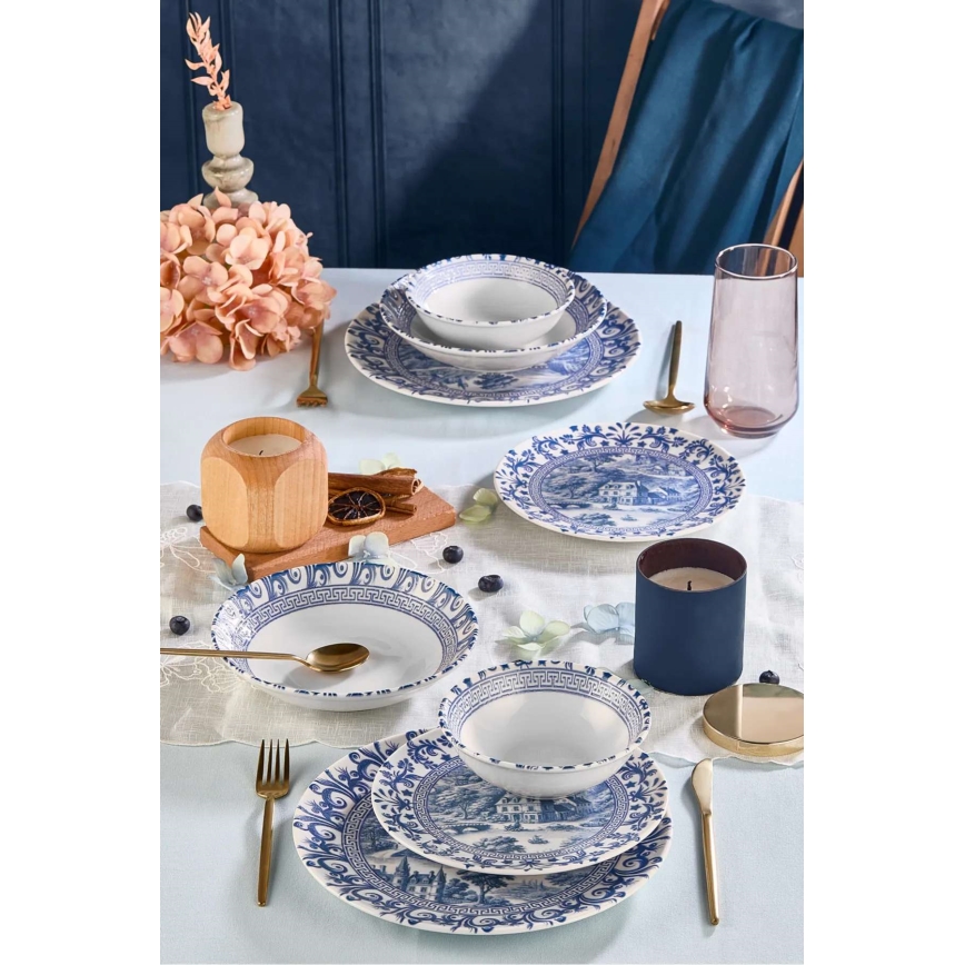 Juego de vajilla de 24 piezas en porcelana blanca y azul
