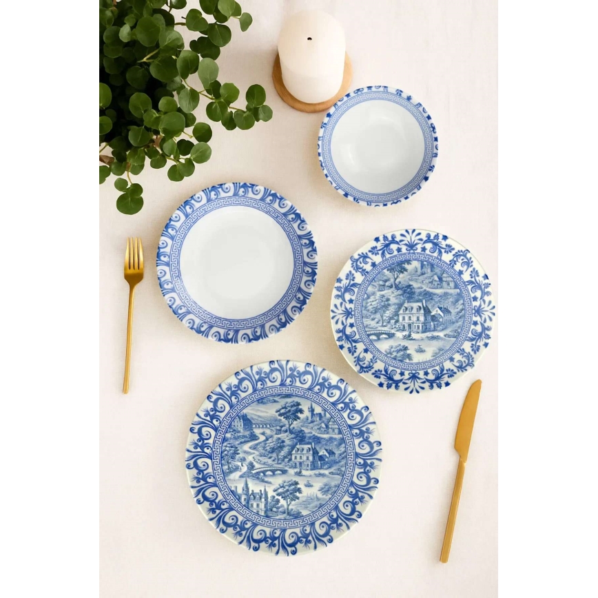 Juego de vajilla de 24 piezas en porcelana blanca y azul