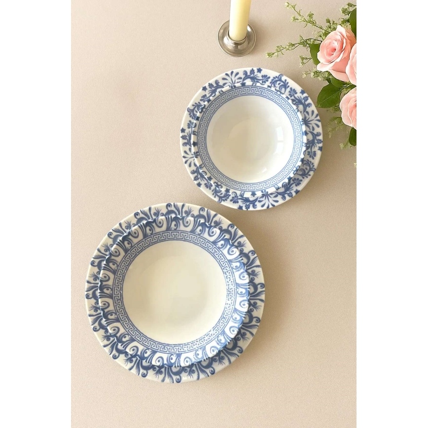 Juego de vajilla de 24 piezas en porcelana blanca y azul