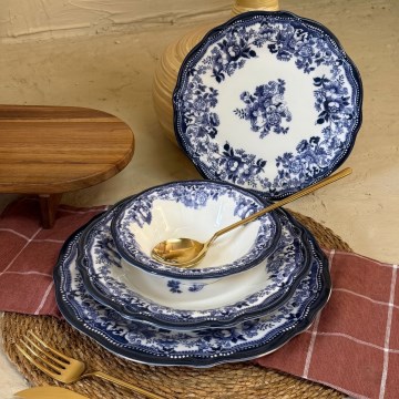 Juego de vajilla de 24 piezas en porcelana blanca y azul