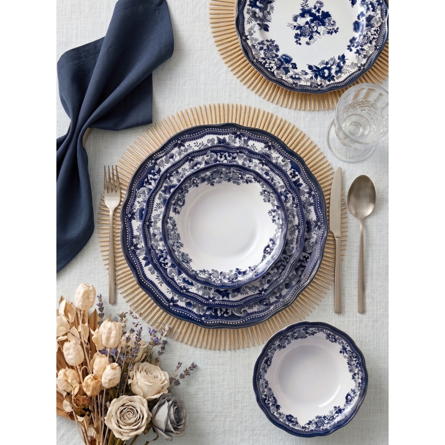 Juego de vajilla de 24 piezas en porcelana blanca y azul