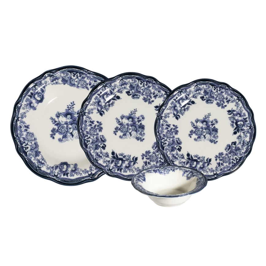 Juego de vajilla de 24 piezas en porcelana blanca y azul