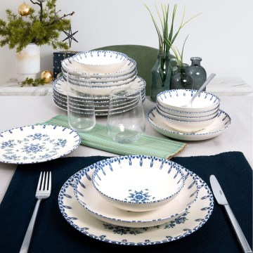 Juego de vajilla de 24 piezas en porcelana, blanco y azul