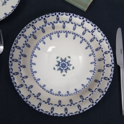 Juego de vajilla de 24 piezas en porcelana, blanco y azul