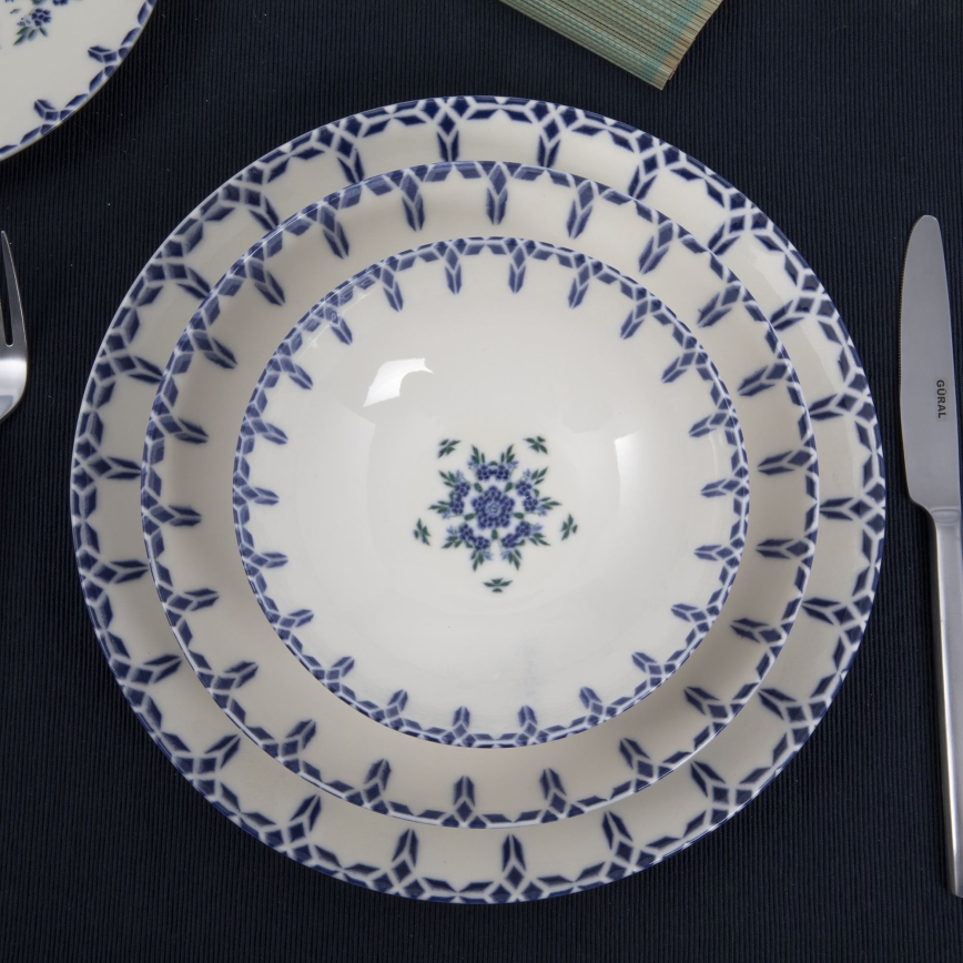Juego de vajilla de 24 piezas en porcelana, blanco y azul