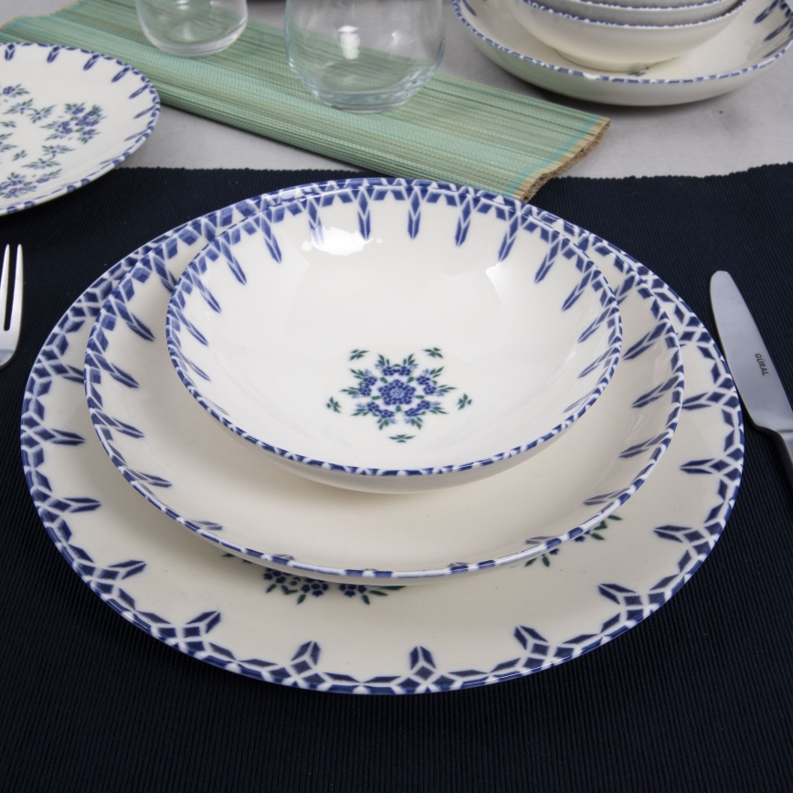 Juego de vajilla de 24 piezas en porcelana, blanco y azul