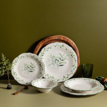 Juego de vajilla de 24 piezas en porcelana, blanco y verde