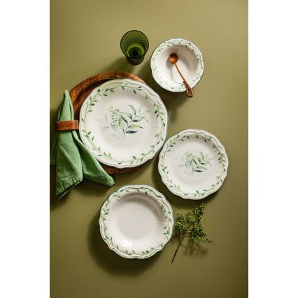 Juego de vajilla de 24 piezas en porcelana, blanco y verde