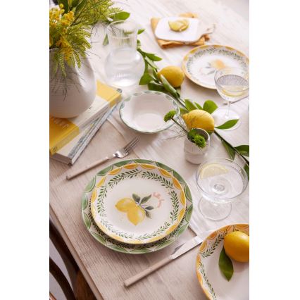 Juego de vajilla de 24 piezas, en porcelana, colores: amarillo/blanco/verde