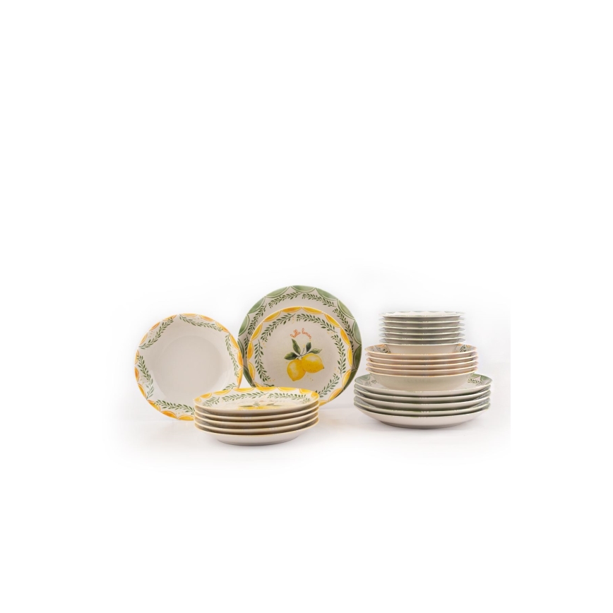 Juego de vajilla de 24 piezas, en porcelana, colores: amarillo/blanco/verde