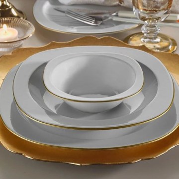 Juego de vajilla de 24 piezas, porcelana blanca con detalles dorados